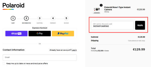 polaroid coupon code field screenshot